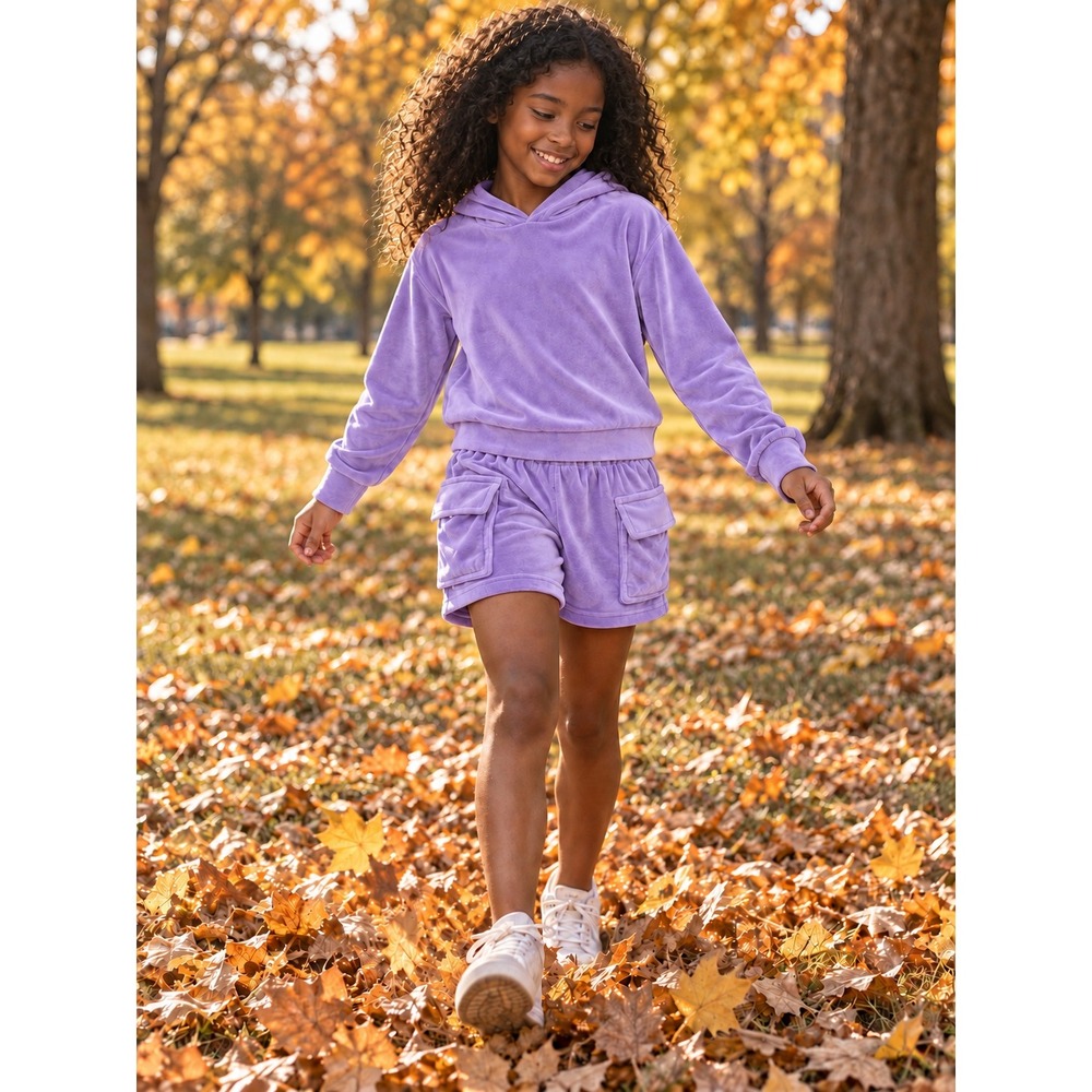 Purple Velour Hoodie and Cargo Shorts 2 Piece Set Kids Size 7-8